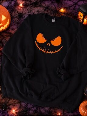 Black Halloween Graphic Sweatshirt with Orange Jack Face